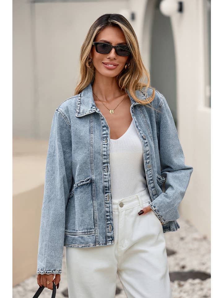 Little Daisy Closet - Wholesale Denim Jacket - Women's -  LDC Scallop Trim Collar Patched Pocket Denim Jacket0