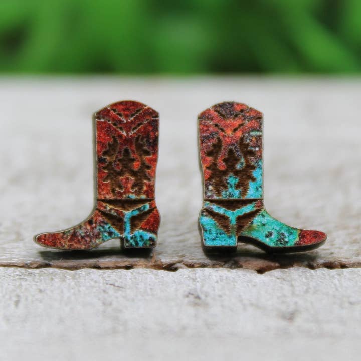 Rustic Patterned Western Boots Stud Earrings for wholesale by Hylidae Boutique