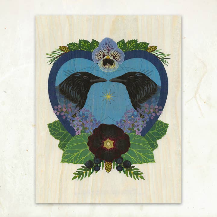 Little Gold Fox Designs - Wholesale Art Print - Crow Heart Small Wood Print