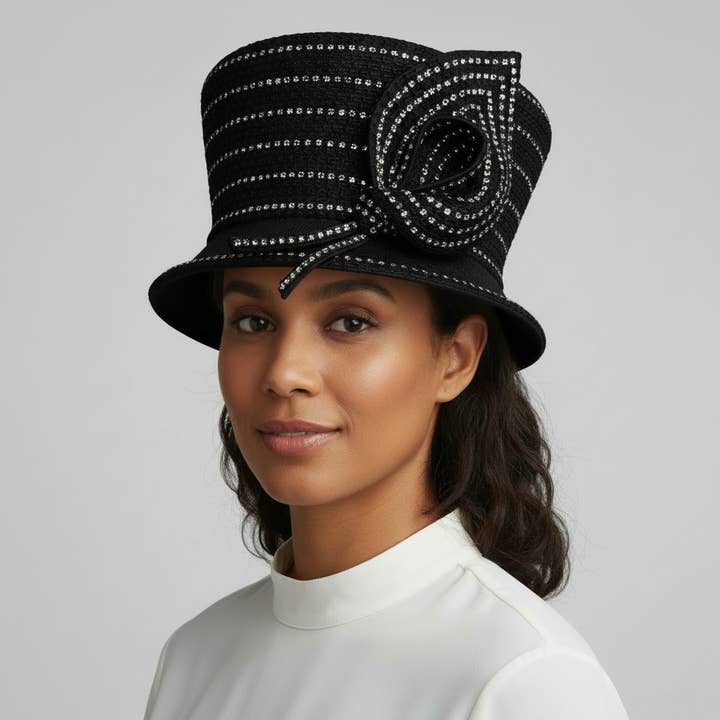 ST075 -Women’s Black Beaded Straw Bucket Hat with Rhinestone for wholesale by Maspros