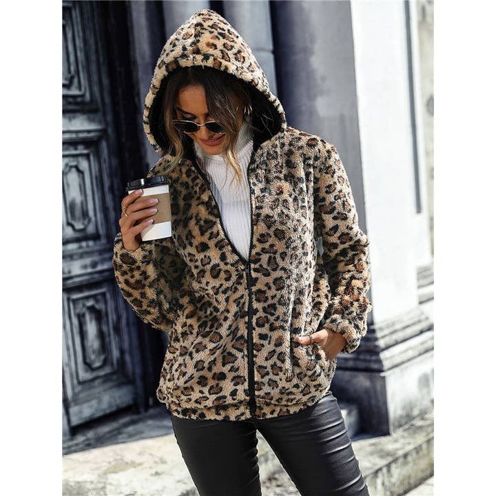 Long Sleeves Hooded Zipper Leopard Printed Outerwear for wholesale on Faire3