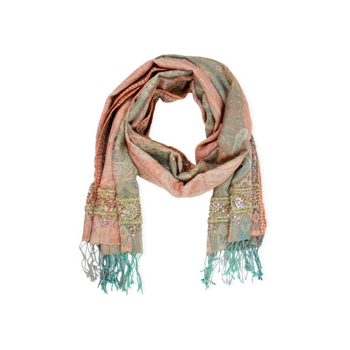 SAACHI - Wholesale Sjaal - Dames - Handgeborduurde Ikat wol en zijden sjaal met lange franje9