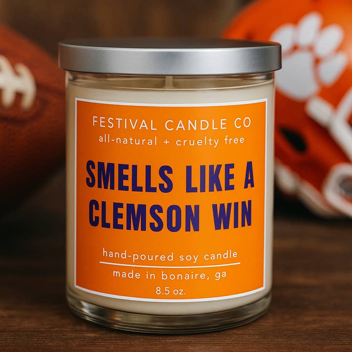 "SMELLS LIKE A CLEMSON WIN" Scented Soy Candle, 8.5 ounce for wholesale by Festival Candle Co.