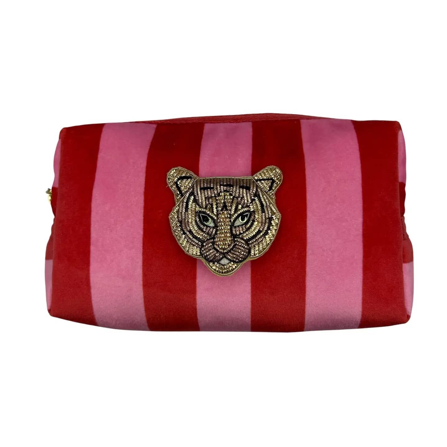 Sixton London - Wholesale Makeup/Cosmetic Bag - Pink stripe makeup bag & Tiger Head brooch