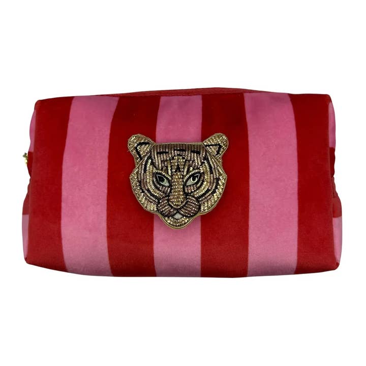 Sixton London - Wholesale Makeup/Cosmetic Bag - Pink stripe makeup bag & Tiger Head brooch0