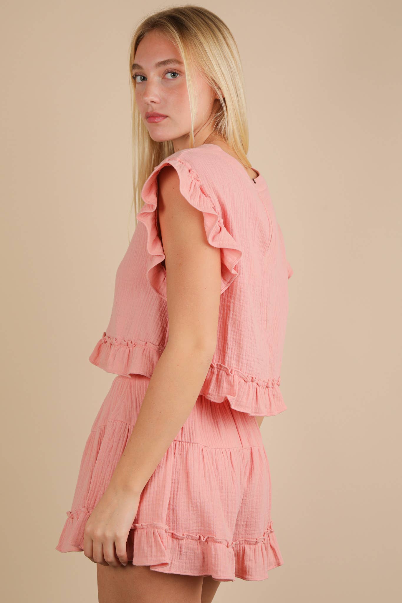 VERY J - Wholesale Top & Short Set (NOT Loungewear) - Women's - NT12150SET-Ruffled Solid Woven Top & Shorts Set5