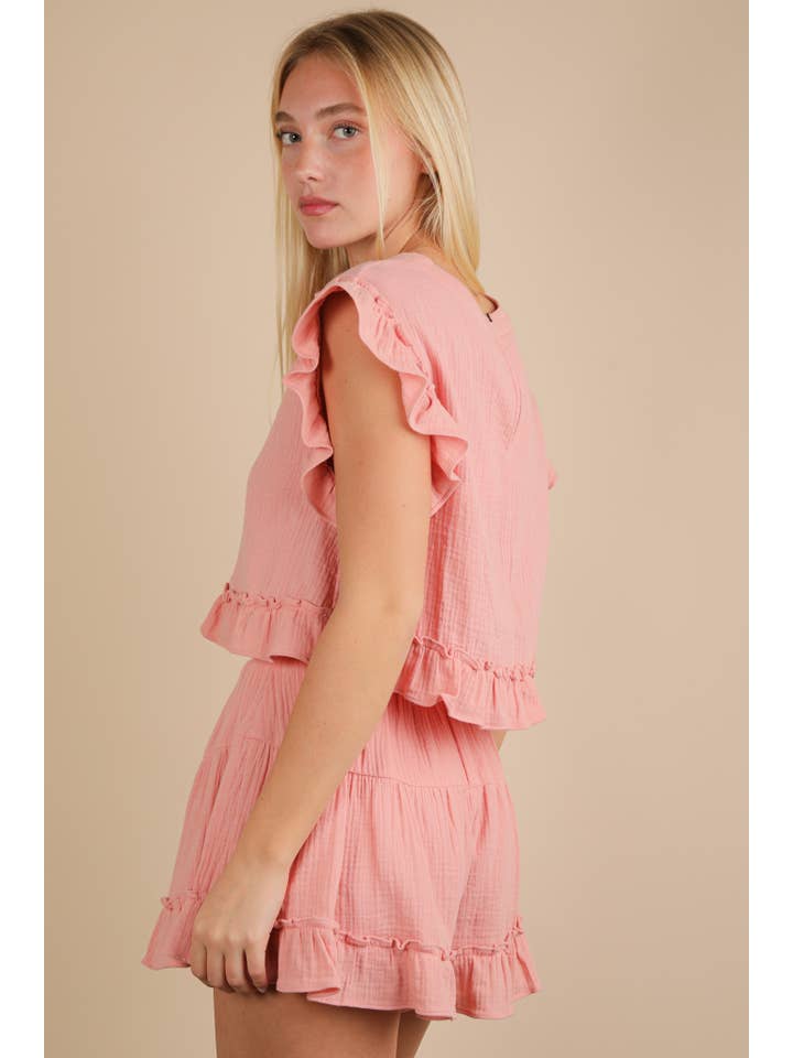 VERY J - Wholesale Top & Short Set (NOT Loungewear) - Women's - NT12150SET-Ruffled Solid Woven Top & Shorts Set5