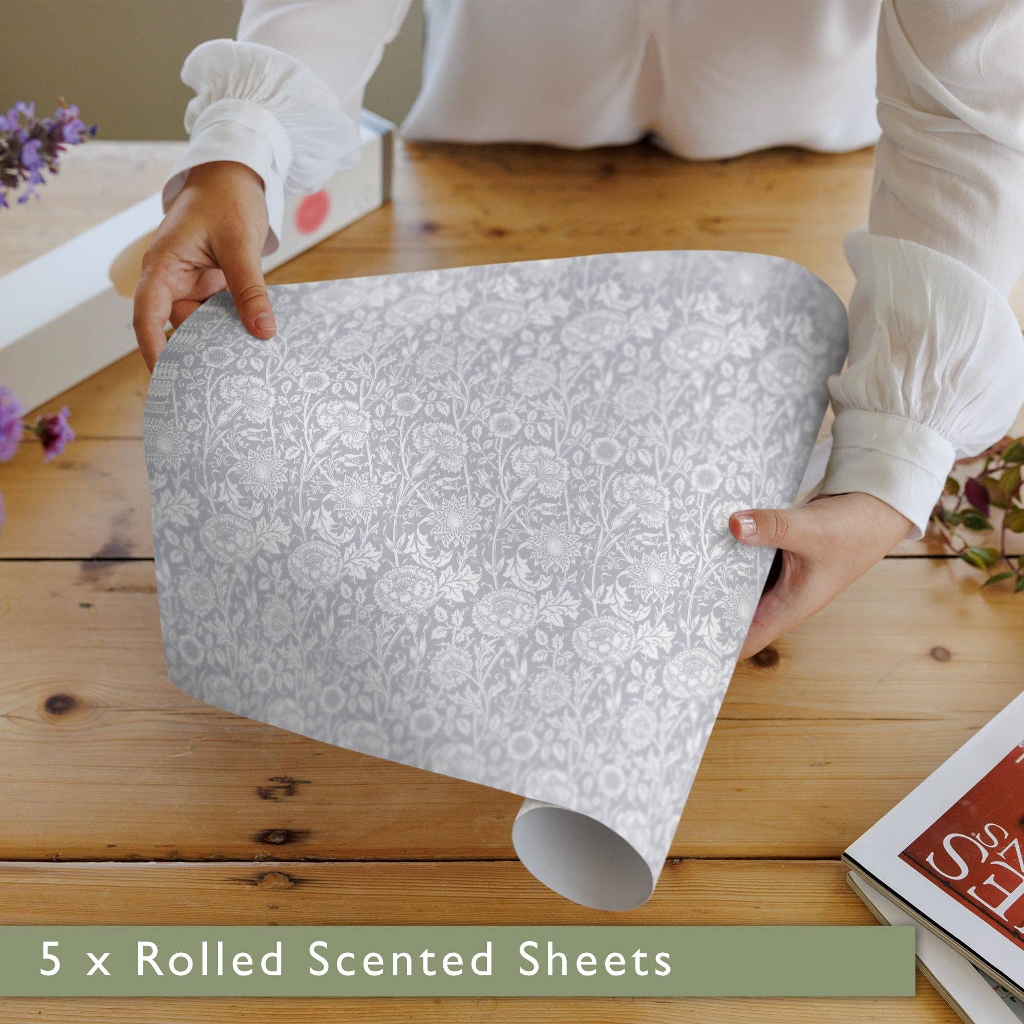 The Master Herbalist - Wholesale Drawer Liner - LILY OF THE VALLEY fragrance SCENTED Drawer Liners in GREY William Morris Design7