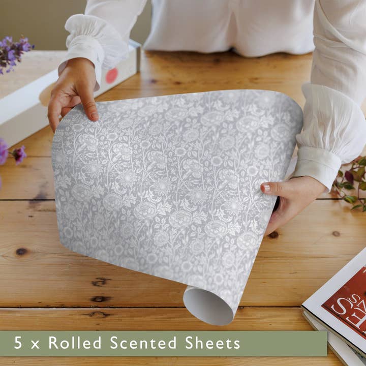 The Master Herbalist - Wholesale Drawer Liner - LILY OF THE VALLEY fragrance SCENTED Drawer Liners in GREY William Morris Design7