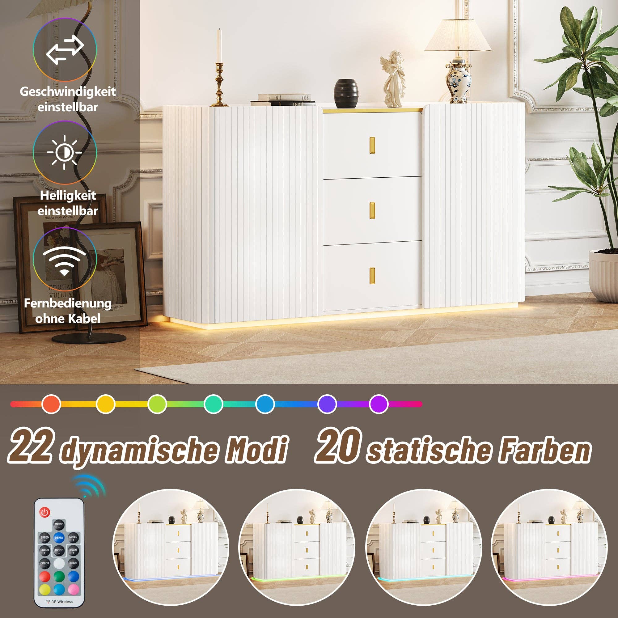 Urban Meuble – Aparador por atacado – Buffet branco elegante 2 portas, 2 gavetas com iluminação LED 150*35*80cm KRAUDREL32