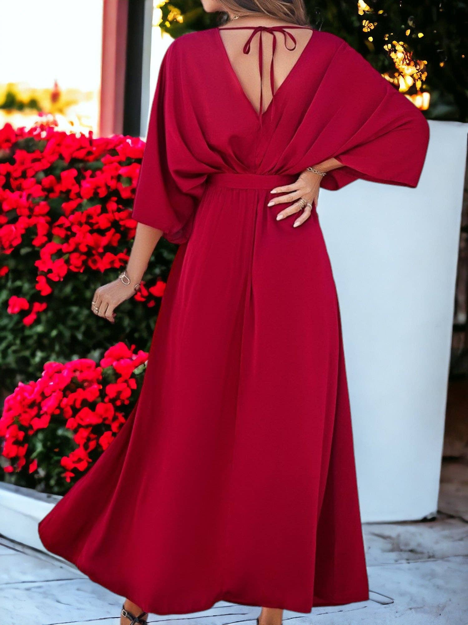 Anna Kaci Wholesale - Wholesale Dress - Women's - Elegant V-Neck High Waisted Tie Loose Long Split Maxi Dress2