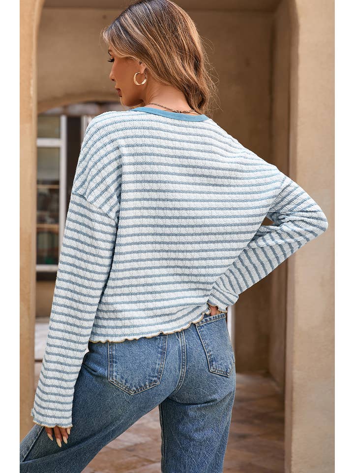Little Daisy Closet - Wholesale Knit Top - Women's - LDC Stripe Frilly Trim Buttons Henley Long Sleeve Top