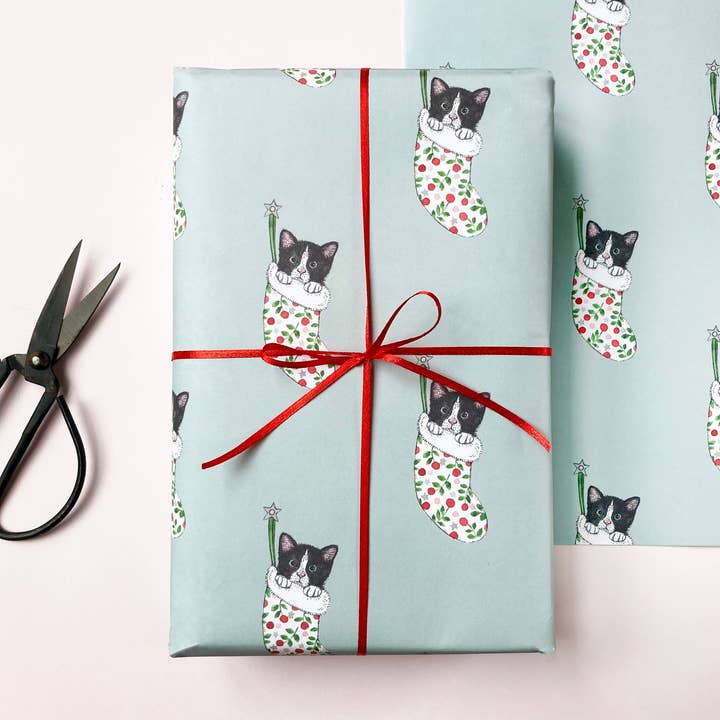 Black and White Cat Christmas Wrapping Paper for wholesale by Amelia Illustration