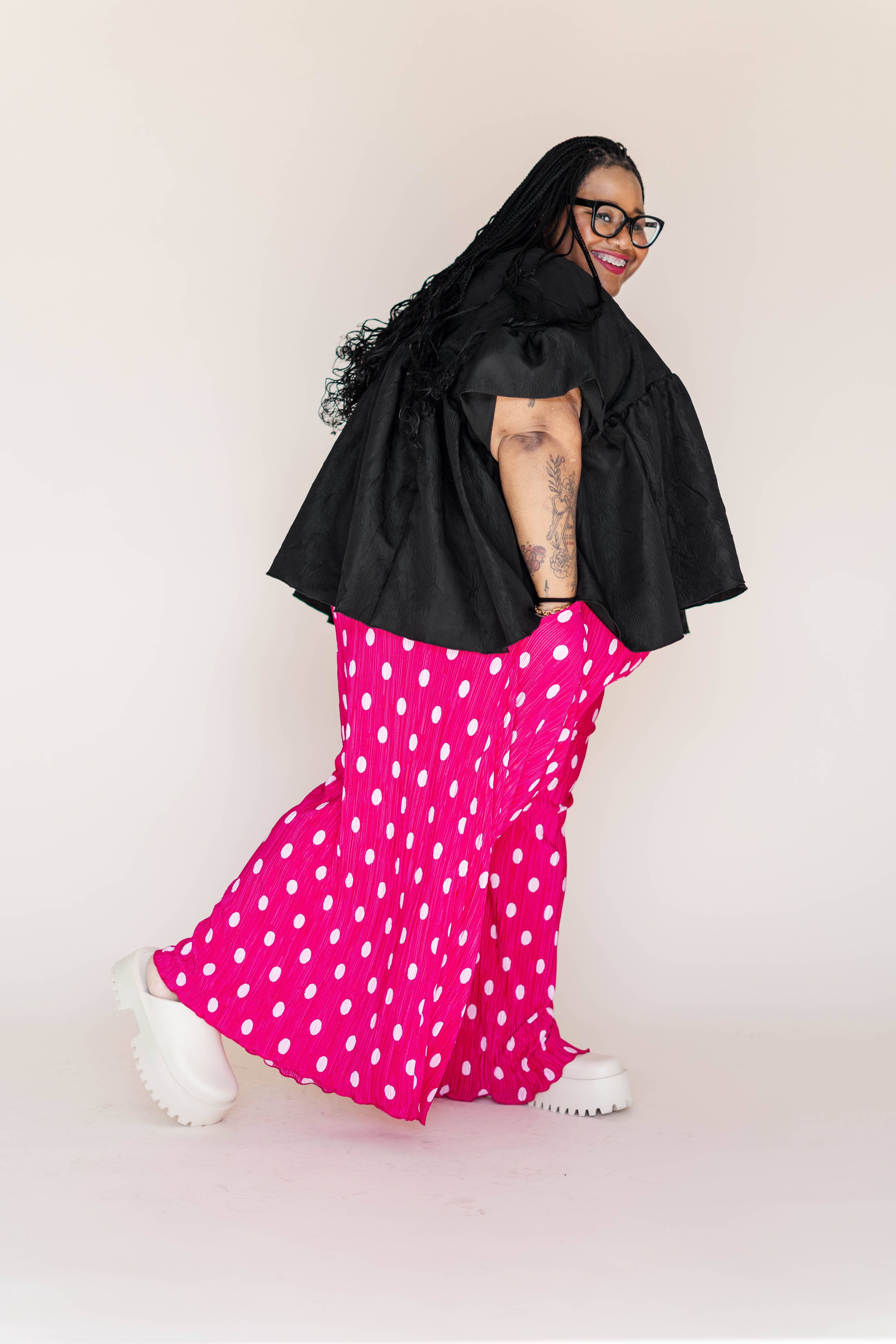 Nettle Studios - Wholesale Pants - Women's - Size Inclusive Hot Pink & White Polka Dot Pleated Flare Pant34