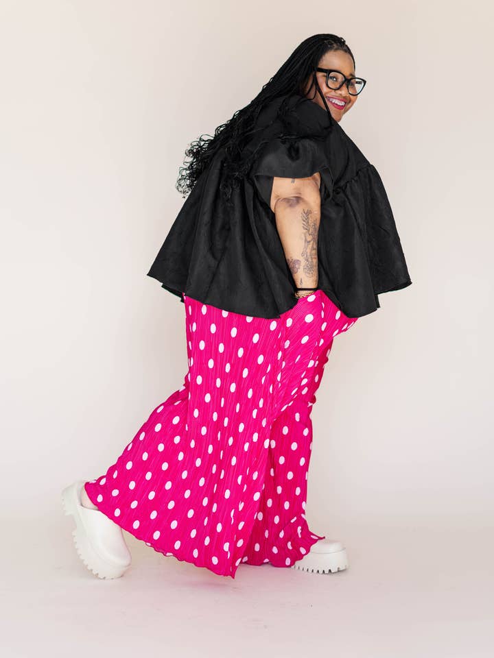 Nettle Studios - Wholesale Pants - Women's - Size Inclusive Hot Pink & White Polka Dot Pleated Flare Pant34