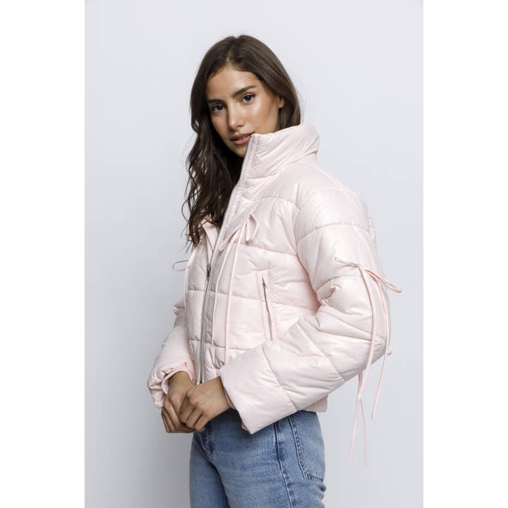 PINK JT6514- SOLID RIBBON BOW PUFFER JACKET for wholesale on Faire