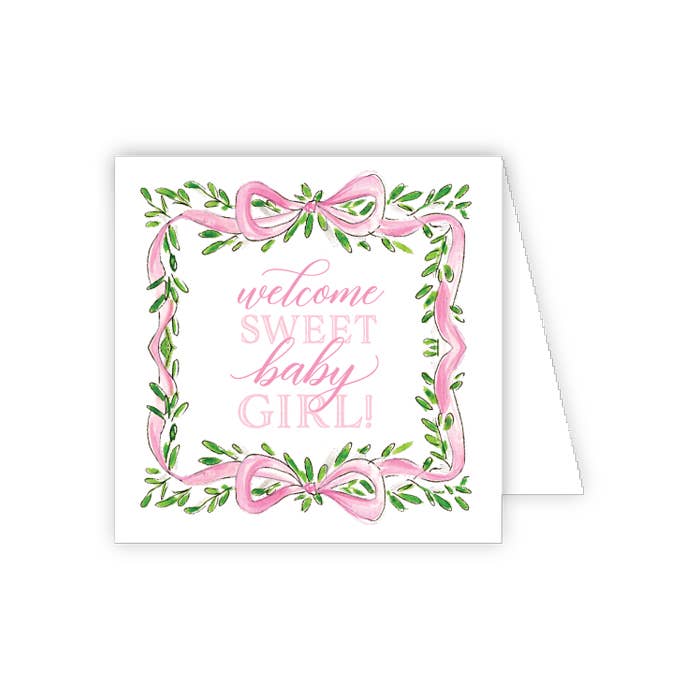 RosanneBeck Collections - Wholesale Baby Card - Handpainted Pink Ribbon with Greenery Crest Enclosure Card