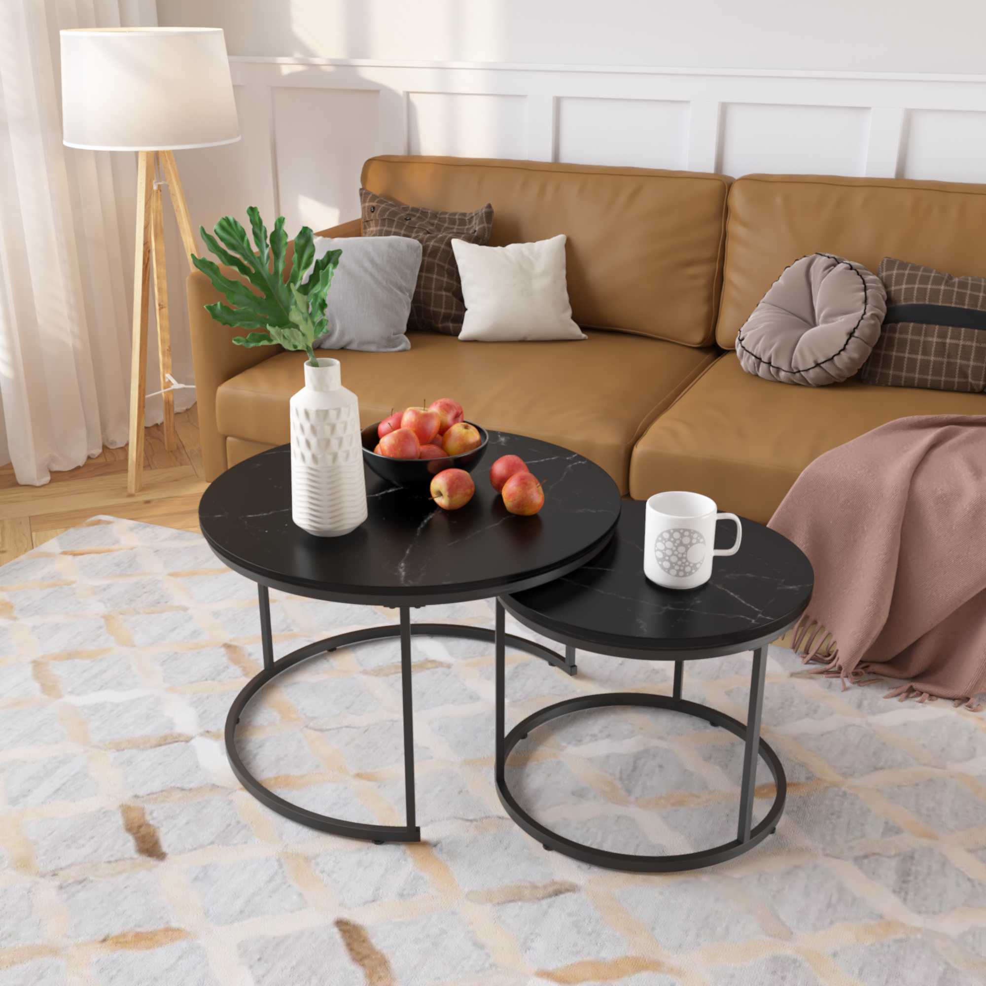 39F Inc. - Wholesale Coffee Table - Set of 2 Nesting Round Black Coffee Tables with Marble Top4