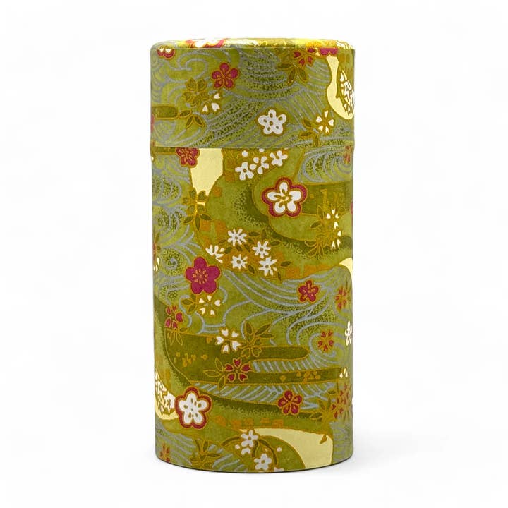 Shikisai Green Washi Paper Wrapped Tea Canister (L) - Japanese Chazutsu for wholesale by Inoue Tea