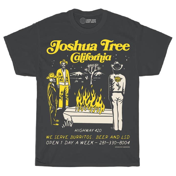 T-shirt noir vintage Joshua Tree Cafe pour la vente par Boss Dog