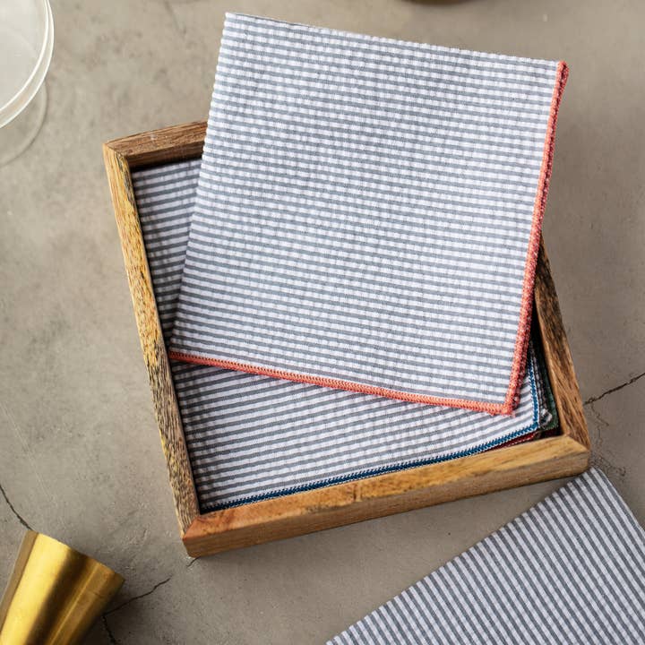 Dot and Army - Wholesale Dinner & Cloth Napkin - Grey Seersucker Cloth Napkins with Colorful Edges, set of 8