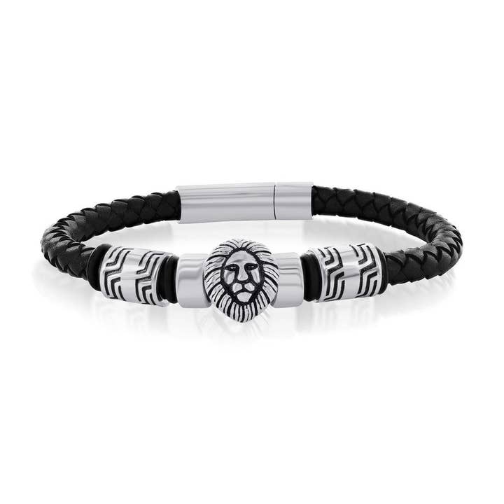 Stainless Steel Oxidized Lion, Genuine Leather Bracelet for wholesale by Metallo