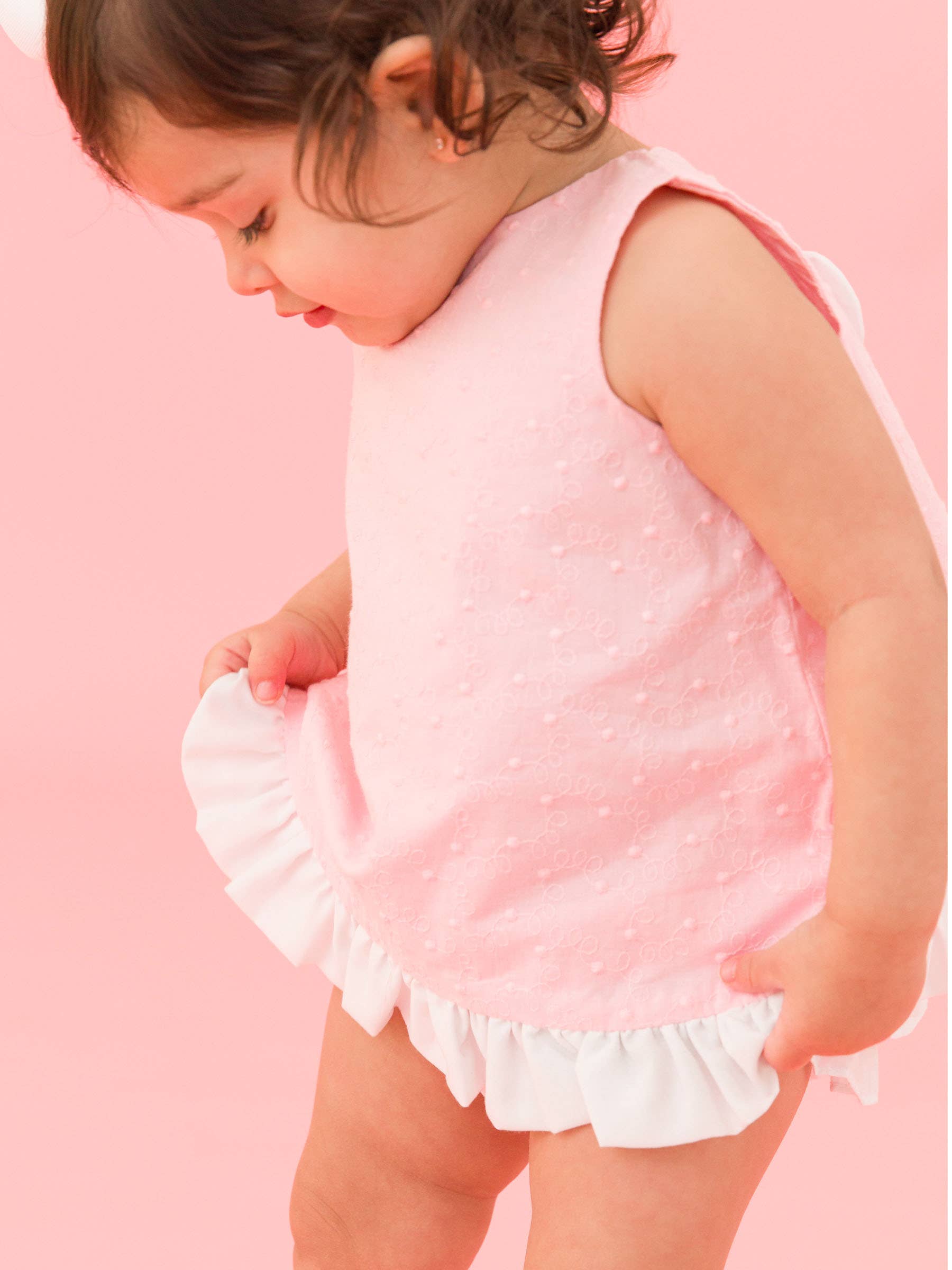 Baby Girls Pink & White Swiss Dot Swing Top & Bloomer Set for wholesale on Faire3
