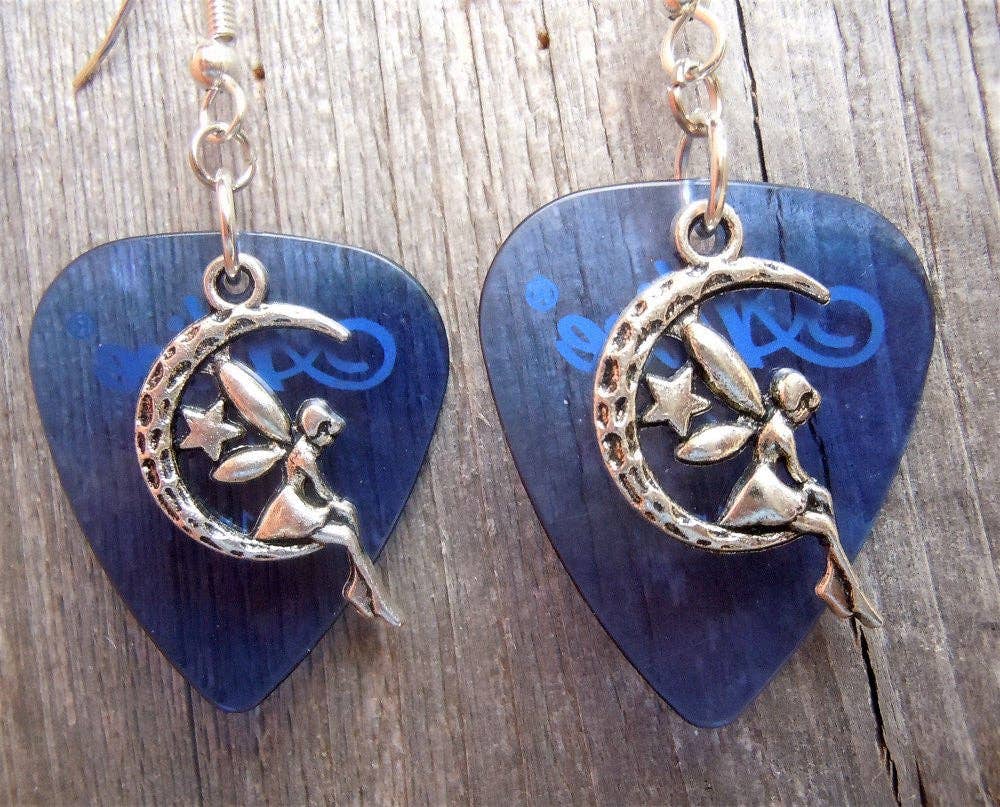 Simply Raevyn - Wholesale Dangle Earrings - Fairy on the Half Moon Charm Guitar Pick Earrings19