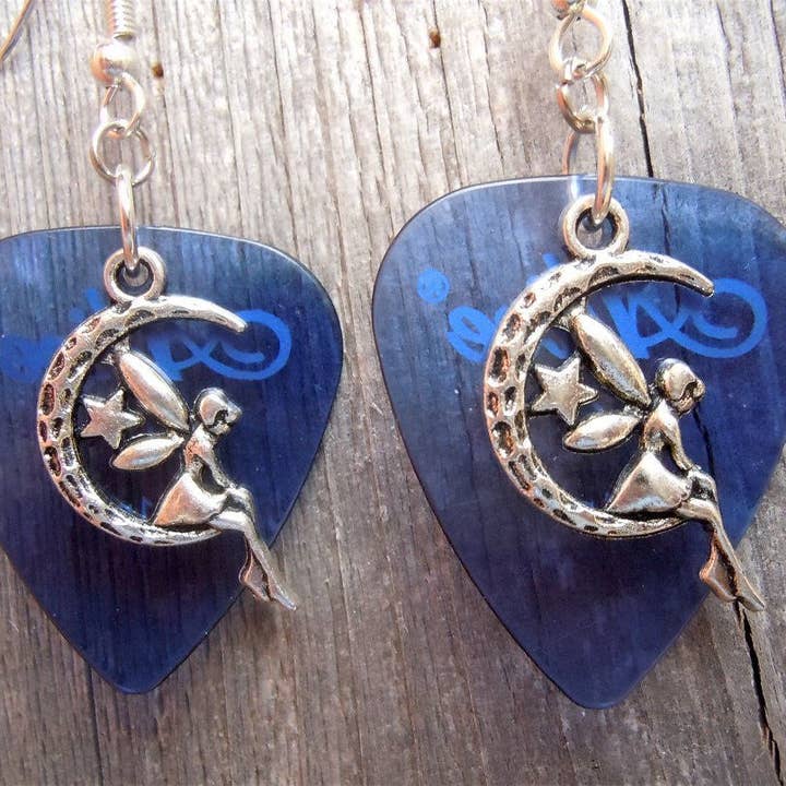 Simply Raevyn - Wholesale Dangle Earrings - Fairy on the Half Moon Charm Guitar Pick Earrings19