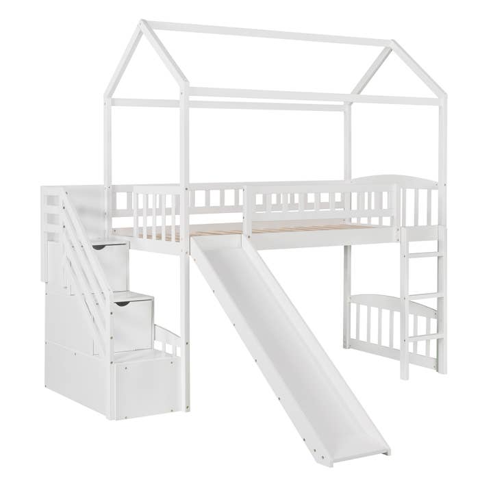 FunPlayhouse Style Twin Loft Bed with Slide & Drawers, White for wholesale by HOMYCASA DESIGN INC