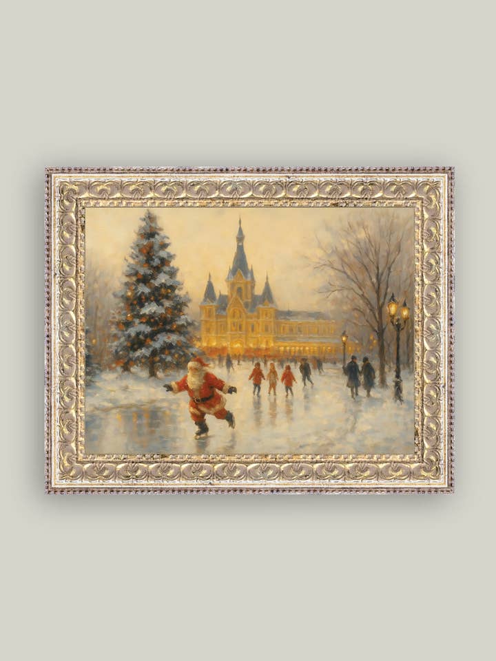 Skating Santa Framed Antique Art for wholesale by Petal Lane Home