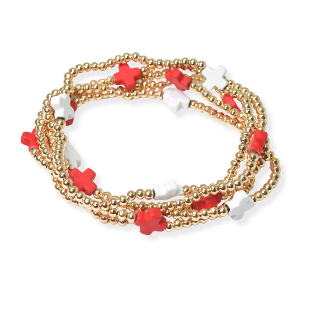 SOPHIA WHOLESALE - Vendita all'ingrosso Bracciale con perline - Bracciale elasticizzato in perline dorate multistrato con accento a croce n4