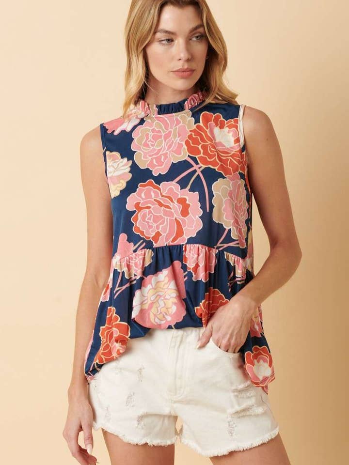 HAUT DE BABY DOLL À COL MONTANT À VOLANTS ET IMPRIMÉ FLEURI pour la vente par mittoshop