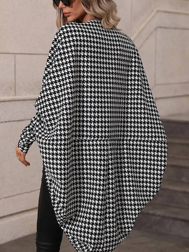 Black Houndstooth Print Open Front Long Dolman Kimonos for wholesale on Faire1