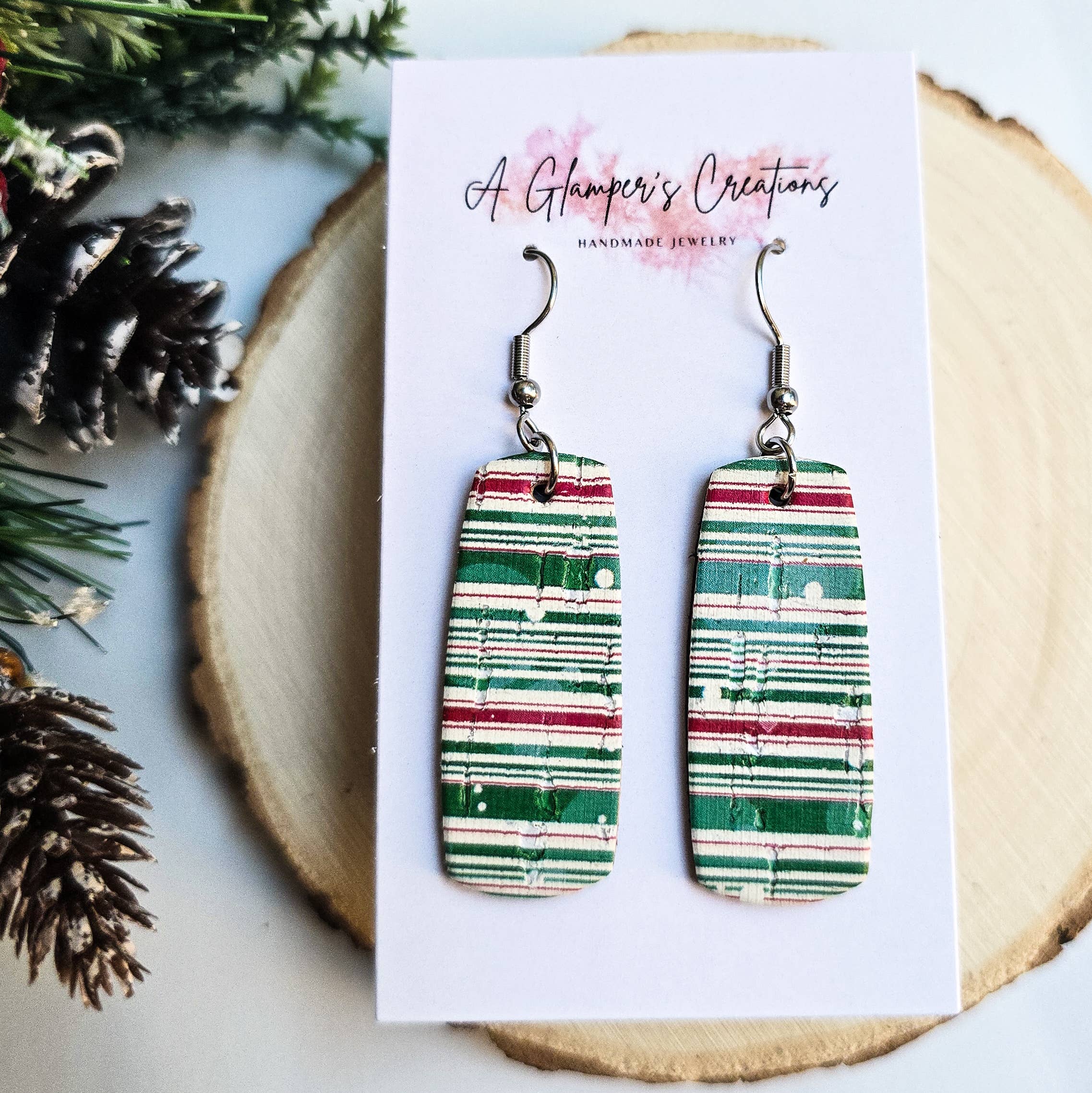 A Glamper's Creations LLC - Wholesale Dangle Earrings - Red & Green Christmas Stripes Mini Bar Leather Earrings0