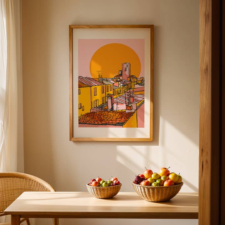 Pink & Orange South Of France Art Print- Europe Summer Print for wholesale by Freya Niamh