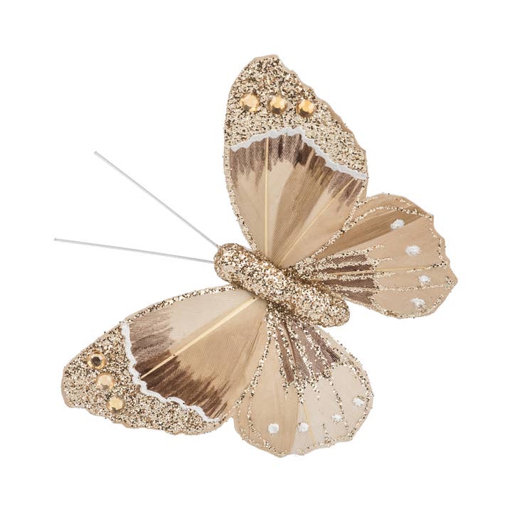Silver Tree Home & Holiday - Wholesale Ornament - A00818-Butterfly clip orn,nat/brwn/bead glitter detail,3.5in