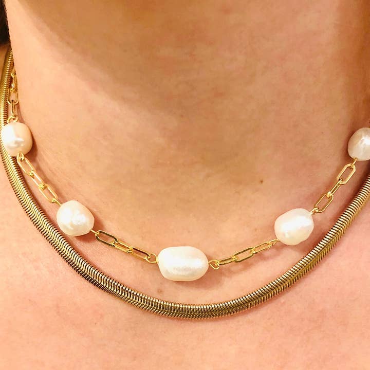 Studio G - Wholesale Beaded/Pearl Necklace - #1062-Potato Pearl and Chain Link Necklace