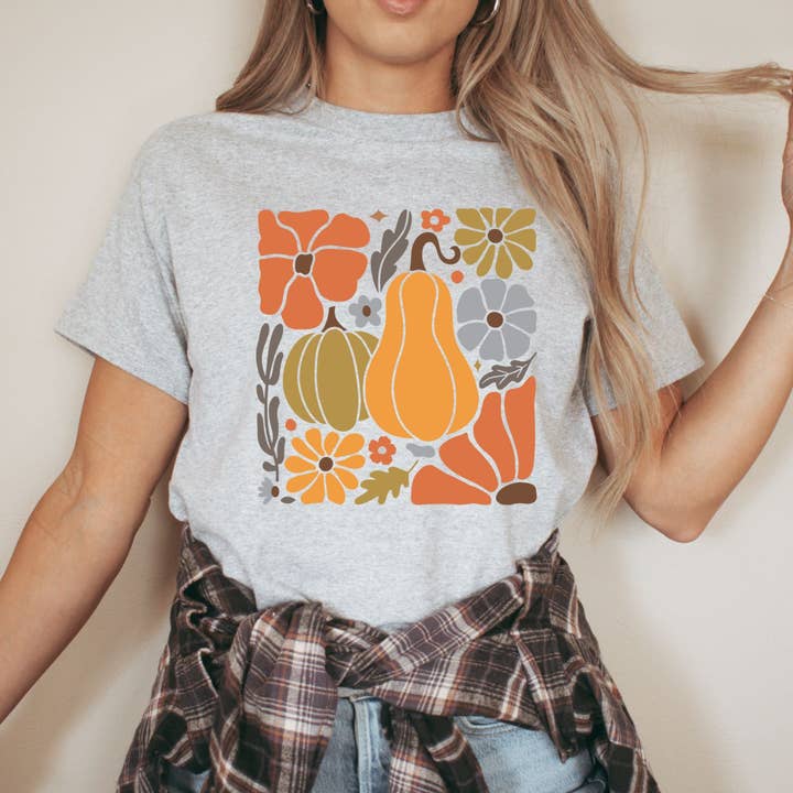 Retro Pumpkin Floral Shirt – Fall Aesthetic Butternut Design for wholesale by The Boho Haus