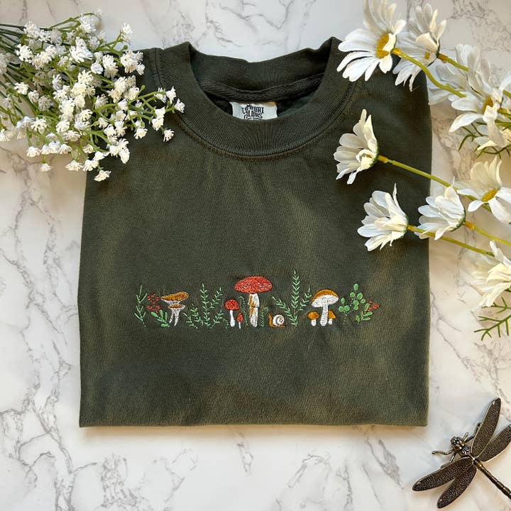 Plantiful Design Co - Wholesale T-Shirt - Women's - Embroidered Mushroom Outdoorsy Plant Tshirt