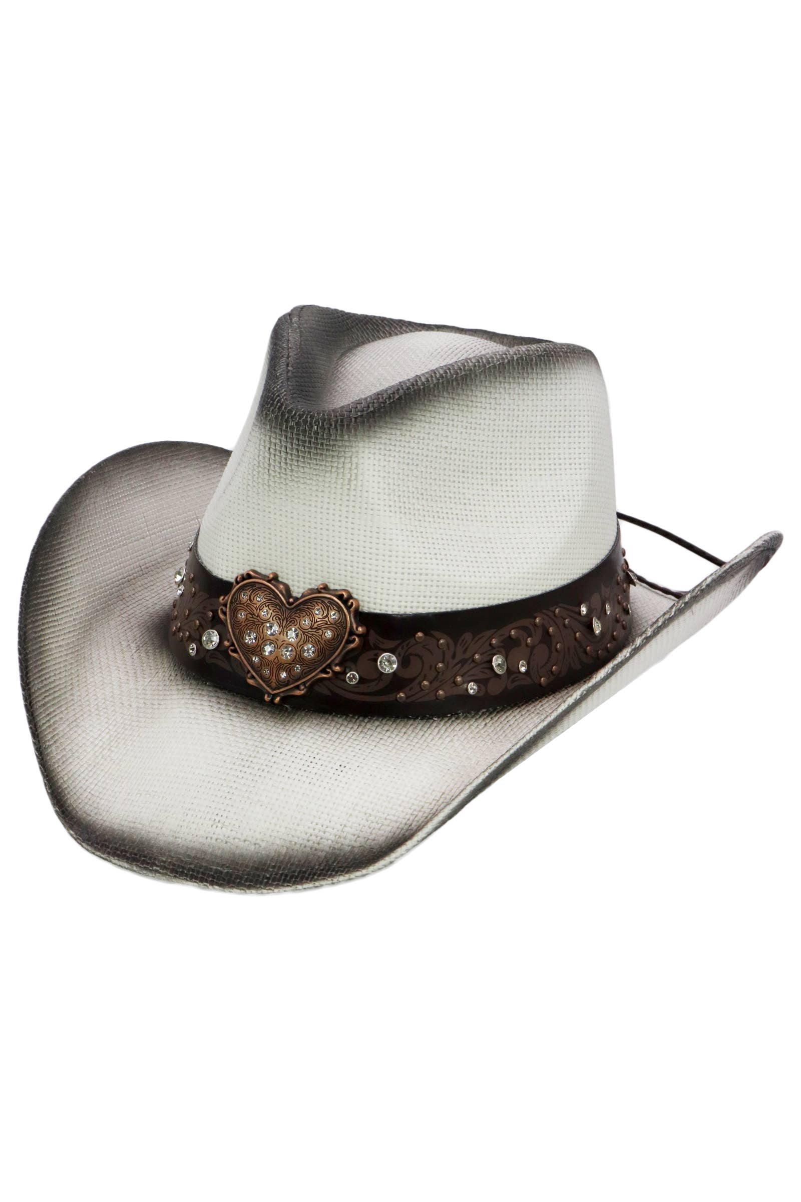 Cap Zone - Wholesale Cowboy Hat - Unisex - Heart Bling Rhinestone Belt Ombre Straw Cowboy Hat17