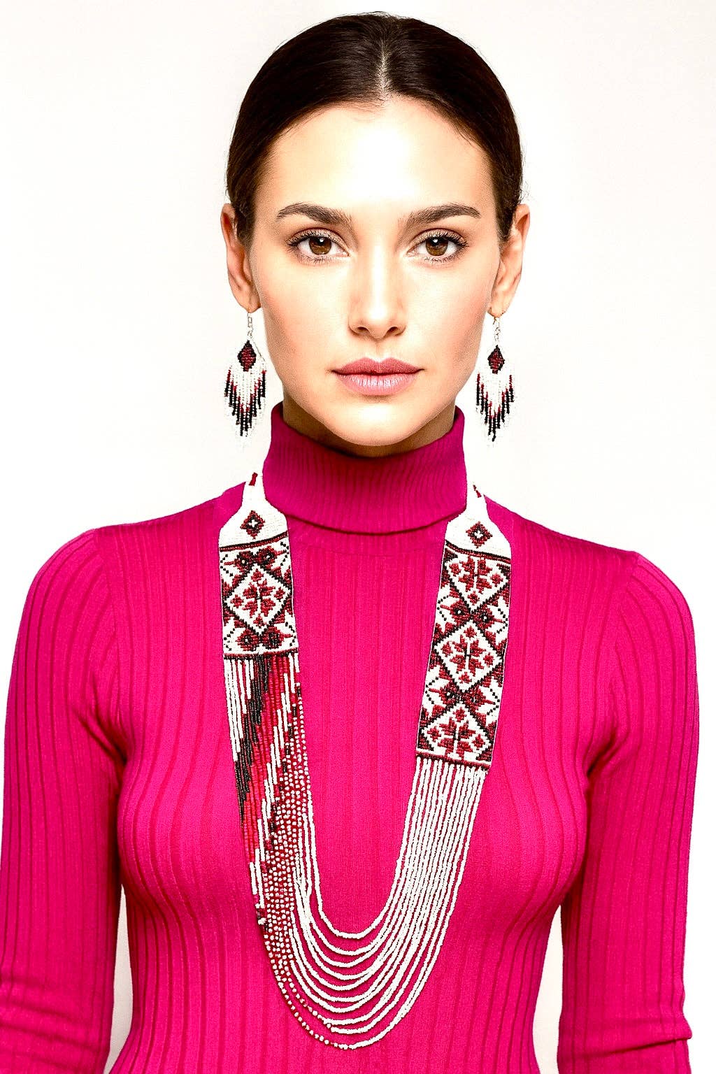 BEADS CORNER - Wholesale Jewelry Set - Handmade Beaded Necklace and Earring Set – Red, White & Black Tribal Pattern2