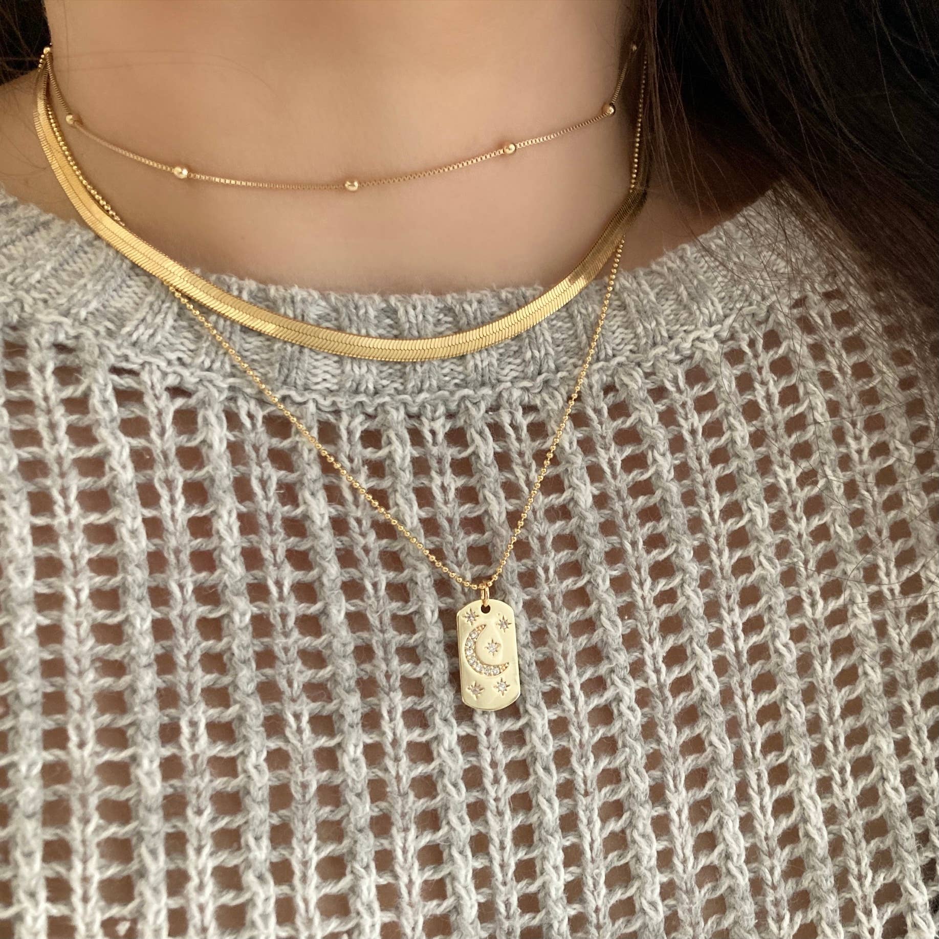 Amady Jewelry – wholesale Pendant/charm necklace – Half Moon Crescent Star Medallion 18K gold dog tag necklace6