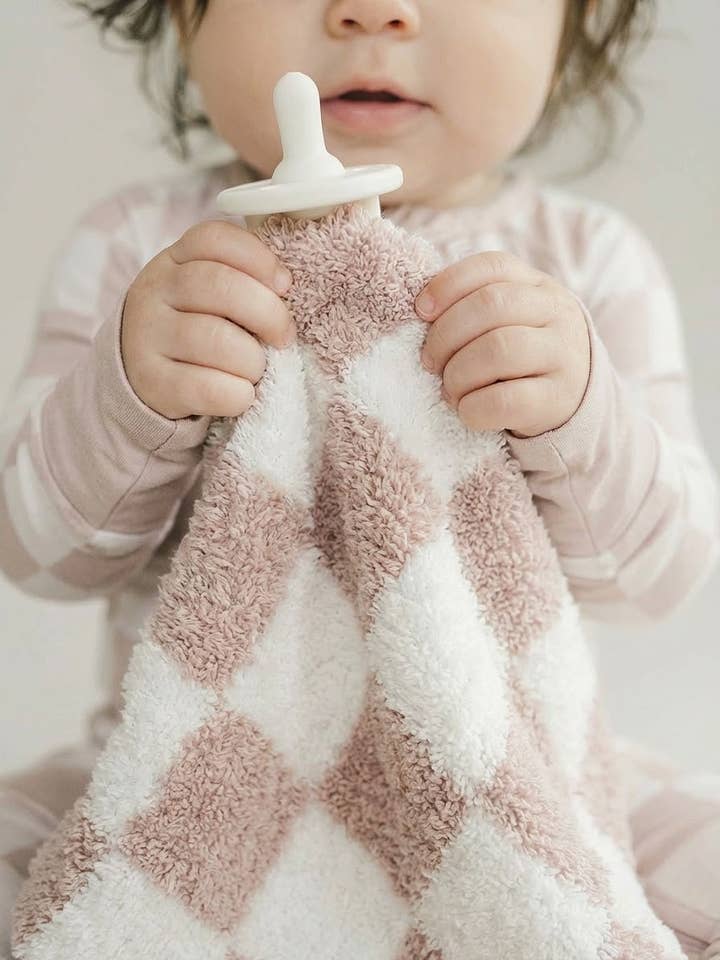 Checkered Plush Lovey | Latte for wholesale by Lucky Panda Kids