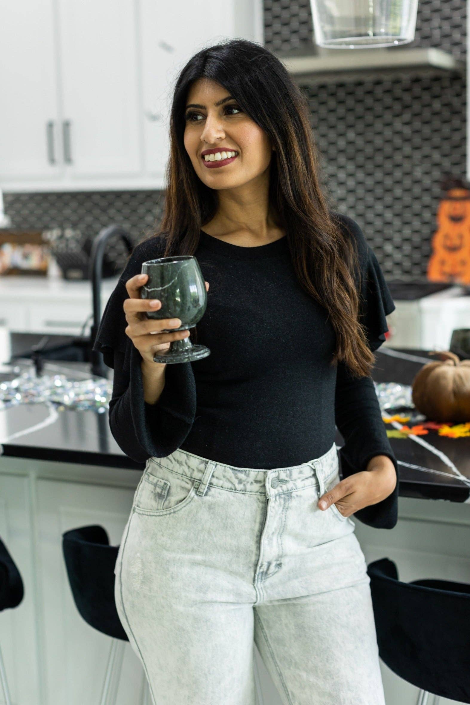 Black Shimmer Bodysuit with Ruffle Shoulder Sleeve for wholesale on Faire5