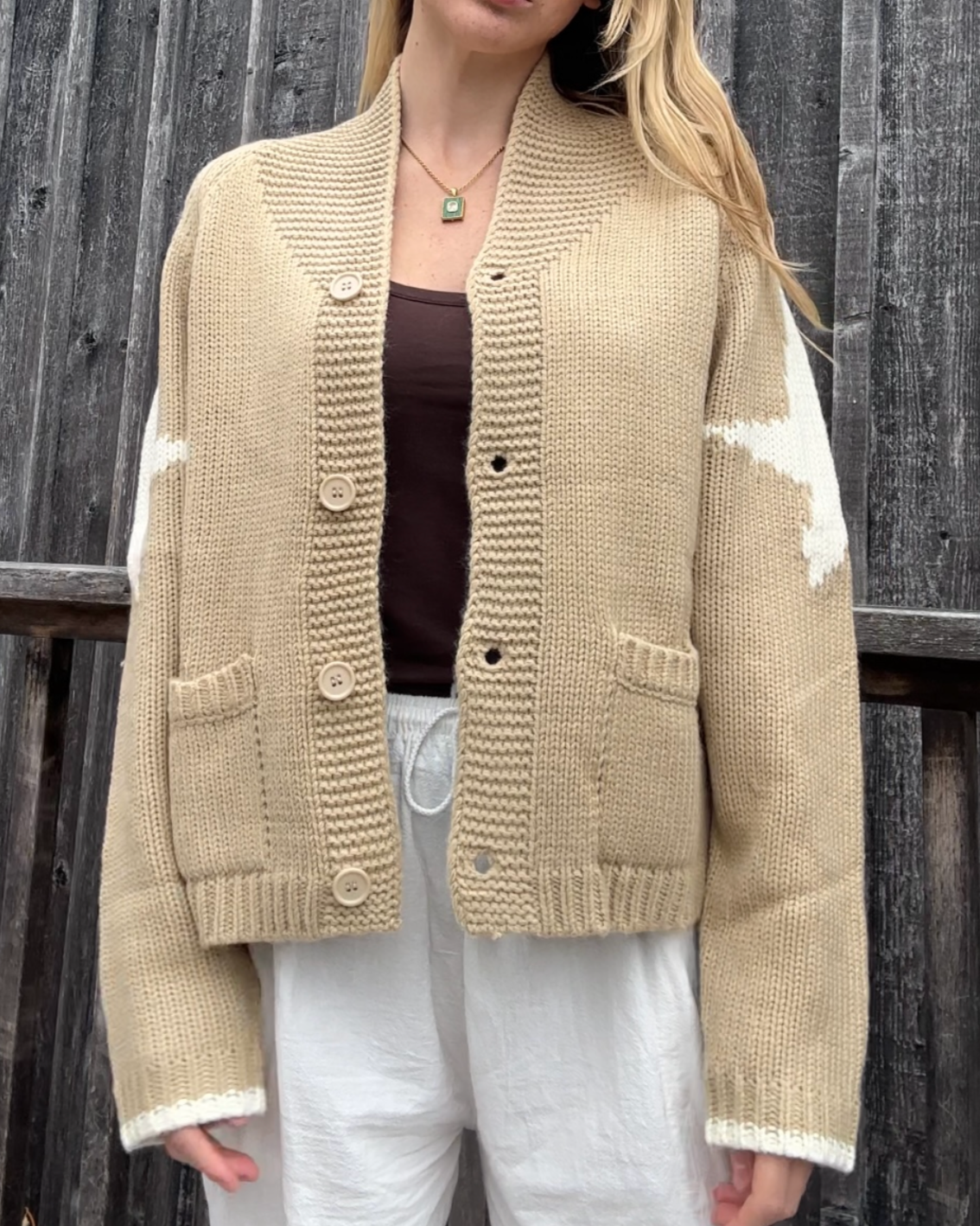 Pink Pineapple - Wholesale Cardigan - Women's - Vintage Cowboy Varsity Cardigan in Camel5