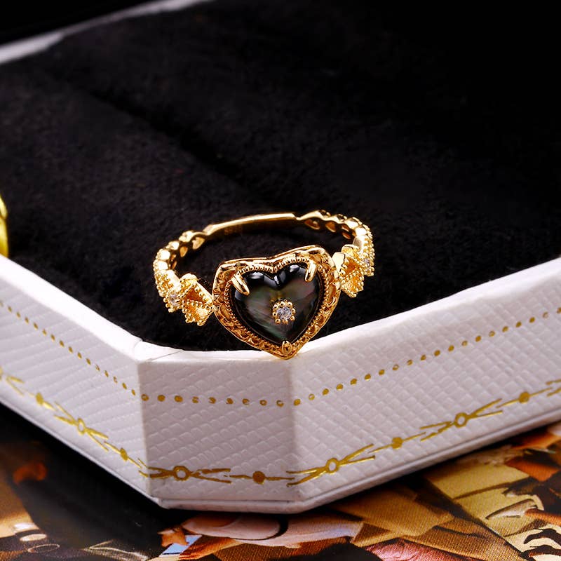 Gioiellin - S925 Silver Jewelry – Anel multi-pedra por atacado – Anel Vintage de Coração em Prata de Lei 925 com Madrepérola Preta1