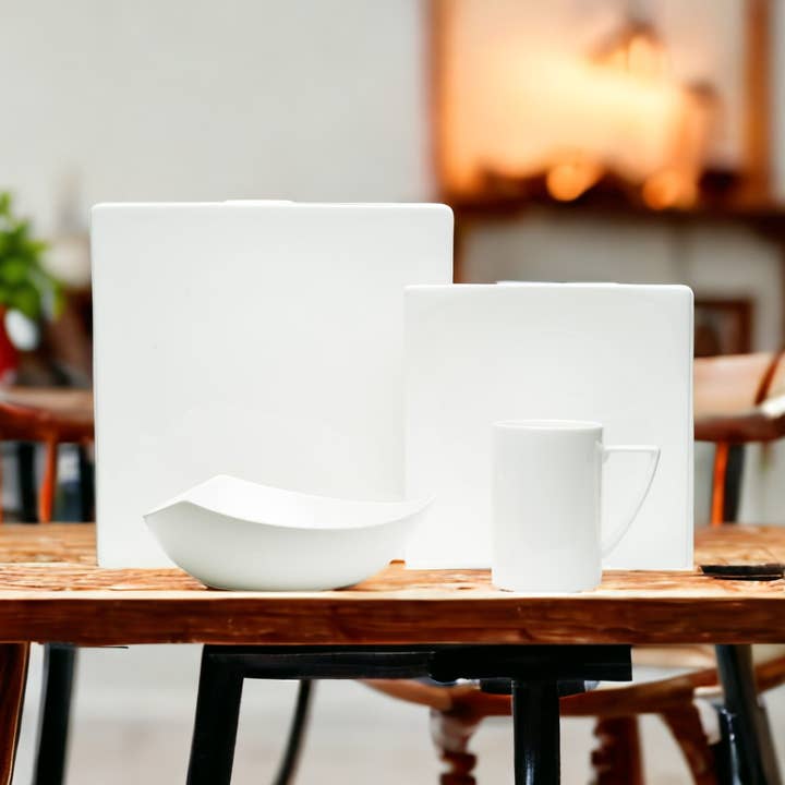 HomeRoots - Wholesale Dinnerware Set - White Four Piece Square Bone China Dinnerware Set