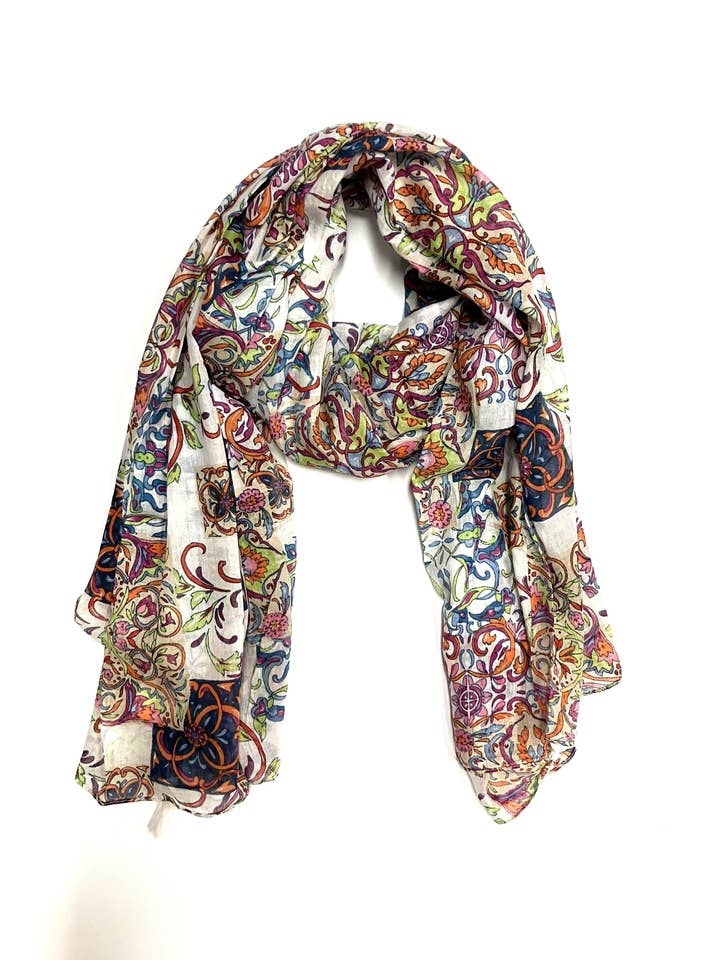 Hand Printed Cotton Stole with Tassels-Beige Multi for wholesale by Dolma