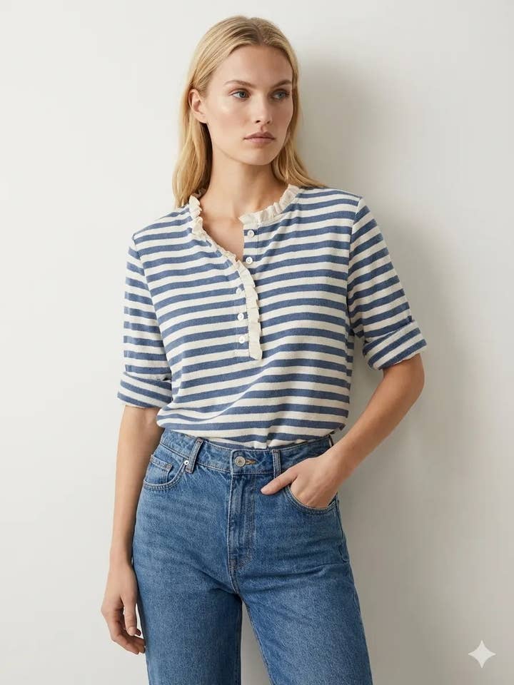 Henley às Riscas com Gola Volante por atacado de Mimi & Gogo